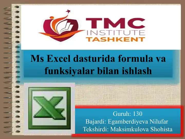 MsExcel dasturida formulalar va funksiyalar bilan ishlash