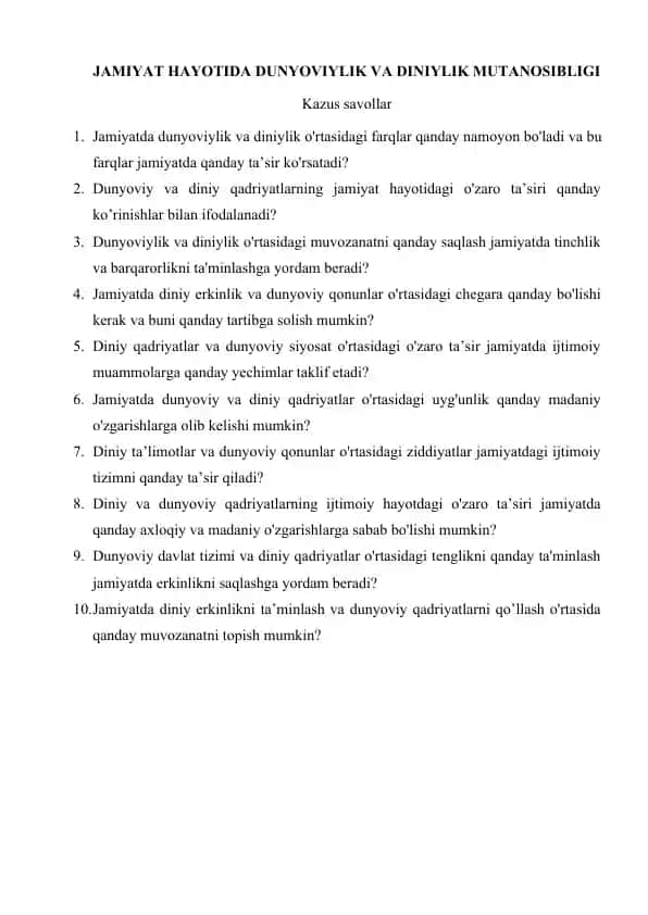 Jamiyat hayotida dunyoviylik va diniylik mutanosibligi