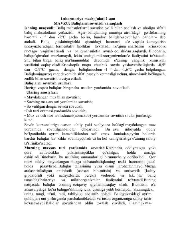 Baliqlarni sovutish va saqlash
