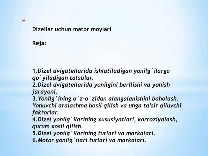 Dizeldvigatellarida Ishlatiladiganyonilg`ilar