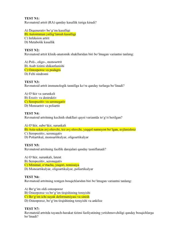 Revmatoid artrit haqidagi test savollari to‘plami