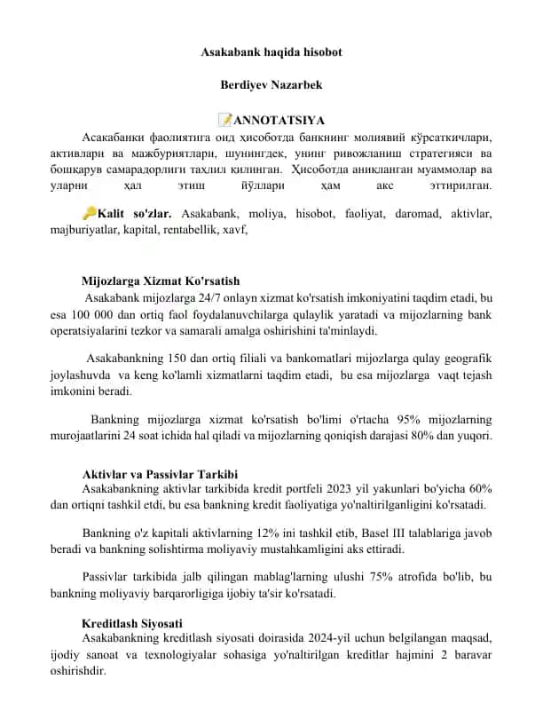Asakabank haqida hisobot