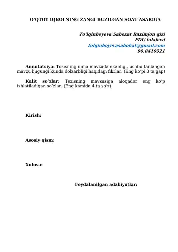 O‘QTOY IQBOLNING ZANGI BUZILGAN SOAT ASARIGA