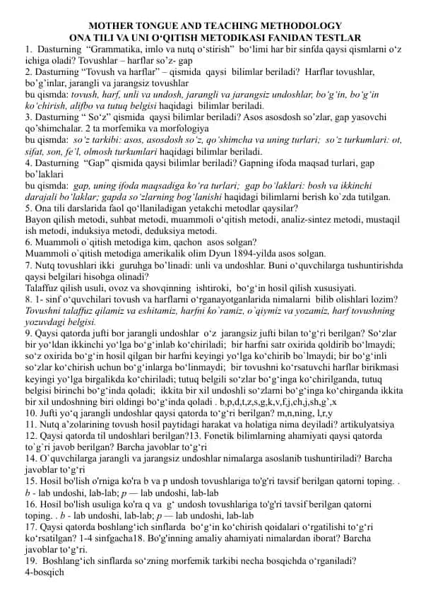 MOTHER TONGUE AND TEACHING METHODOLOGY / ONA TILI VA UNI O‘QITISH METODIKASI FANIDAN TESTLAR
