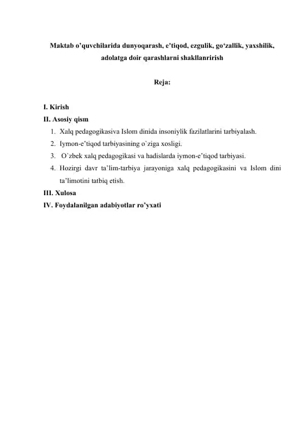 Xalq pedagogikasini va Islom dini ta'limotini tatbiq etish