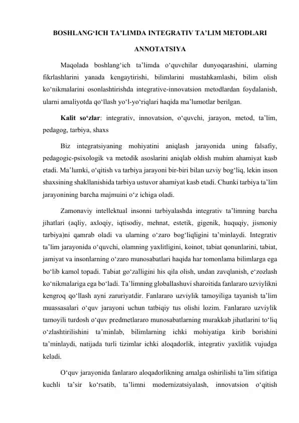 Boshlang‘ich Ta’limda Integrativ Ta’lim Metodlari
