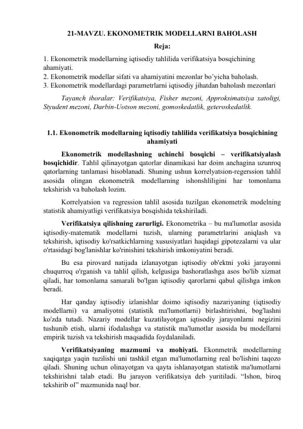Ekonometrik Modellar Baholash