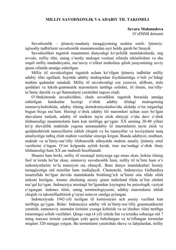 Milliy savodxonlik va adabiy til takomili
