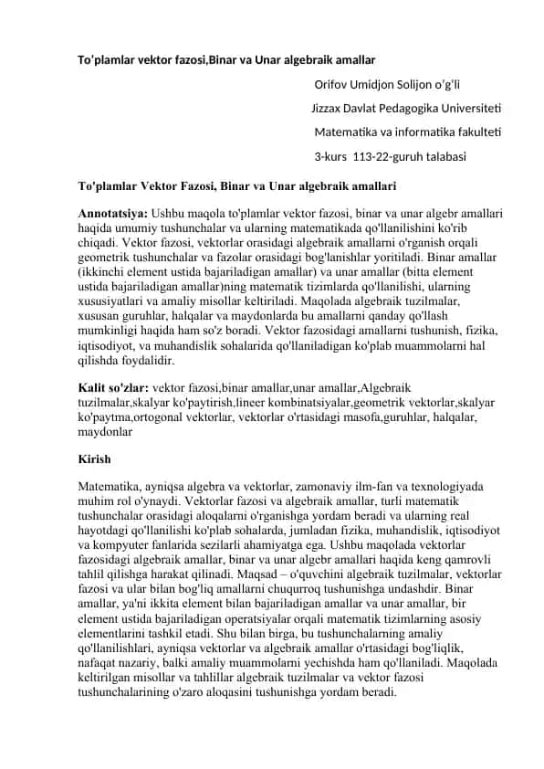 To'plamlar Vektor Fazosi, Binar va Unar algebraik amallari