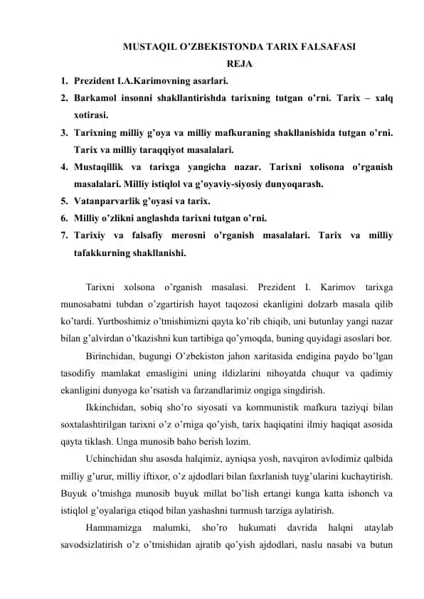 Mustaqil O'zbekistonda Tarix Falsafasi