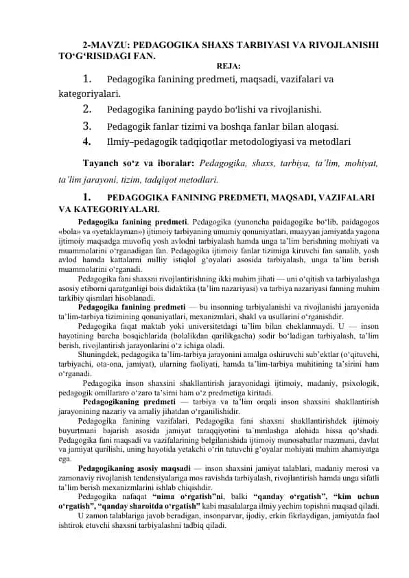 PEDAGOGIKA SHAXS TARBIYASI VA RIVOJLANISHI TO‘GʻRISIDAGI FAN