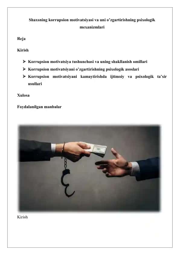 Korrupsion motivatsiyasi va uni o’zgartirishning psixologik mexanizmlari