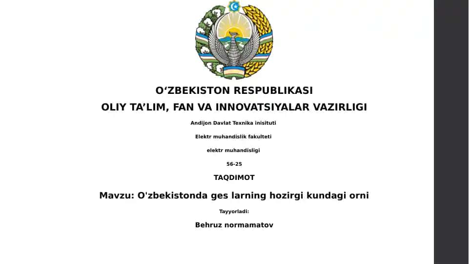 O'zbekistonda gidroelektr stansiyalarining hozirgi roli
