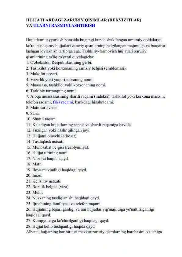 Hujjatlardagi Zaruriy Qisimlar (Rekvizitlar)