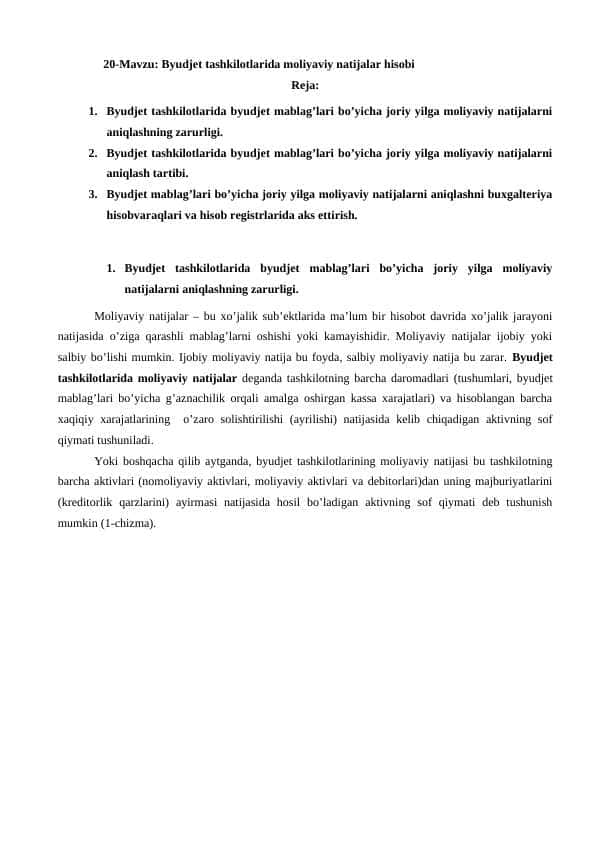 Byudjet tashkilotlarida moliyaviy natijalar hisobi