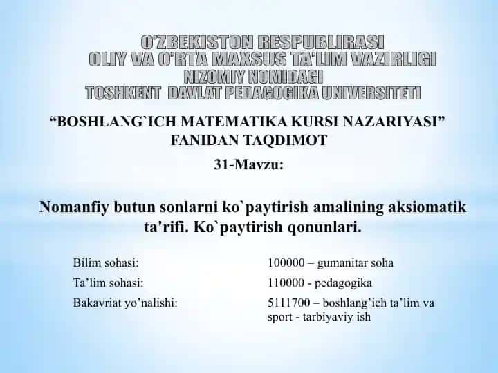 BOSHLANG`ICH MATEMATIKA KURSI NAZARIYASI