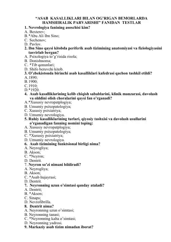 ASAB kasalliklari bilan og’rigan bemorlarda hamshiralik parvarishi fanidan testlar