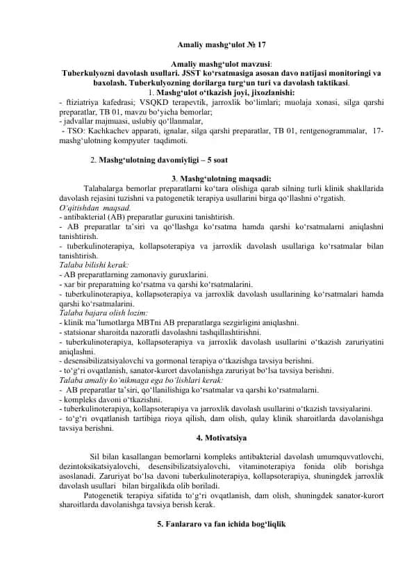 Tuberkulyozni davolash usullari mashg'uloti