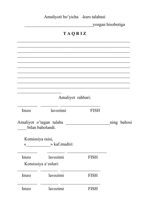 Amaliyoti bo’yicha Kurs talabasi yozgan hisoboti