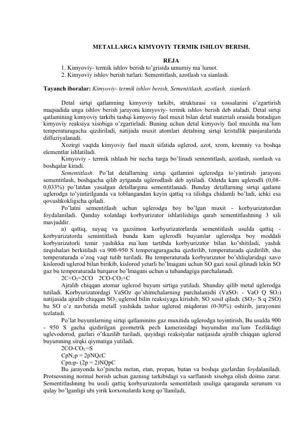METALLARGA KIMYOVIY TERMIK ISHLOV BERISH