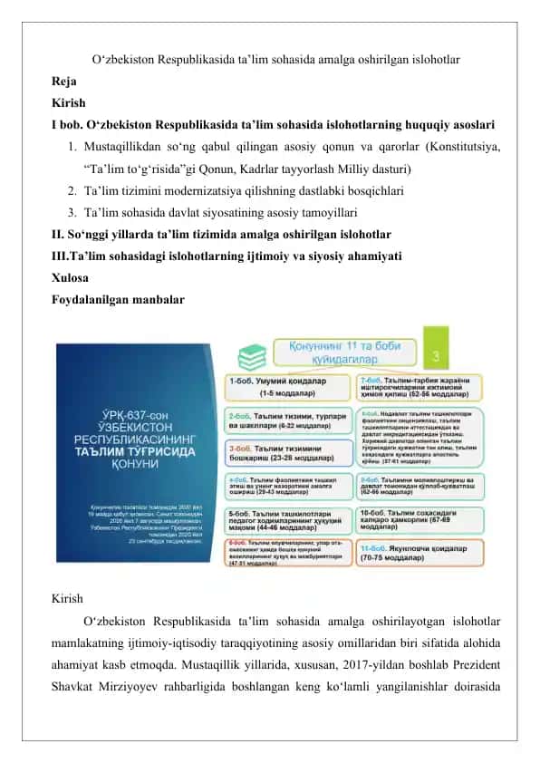 Oʻzbekiston Respublikasida ta’lim sohasida amalga oshirilgan islohotlar
