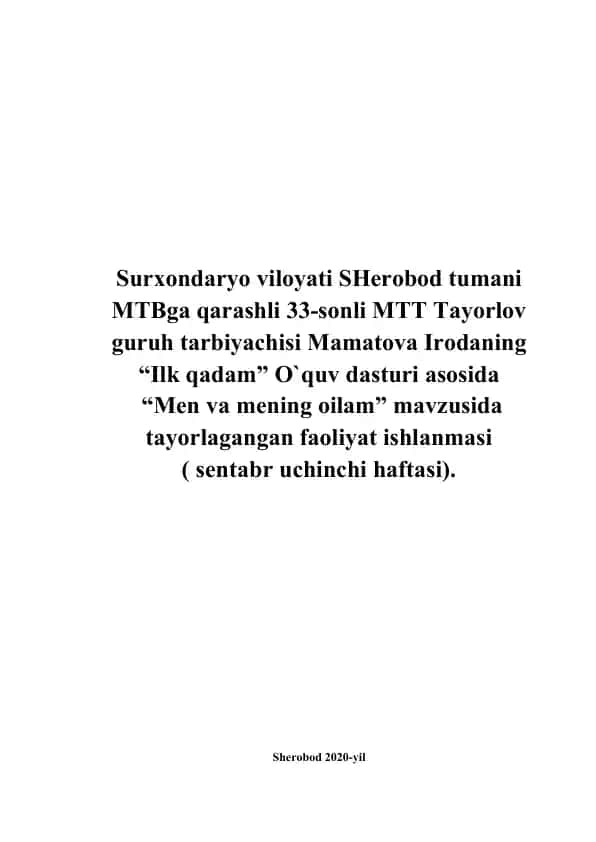 "Men va mening oilam" mavzusida tayorlagangan faoliyat ishlanmasi