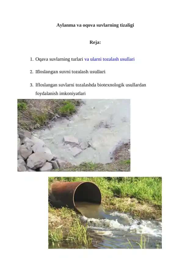 Aylanma va oqova suvlarning tozaligi