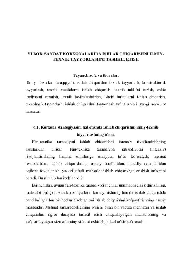 Sanoat korxonalarida ishlab chiqarishni ilmiy-texnik tayyorlash
