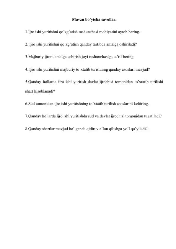 Ijro ishi yuritishni to'xtatish va qo'zg'atish