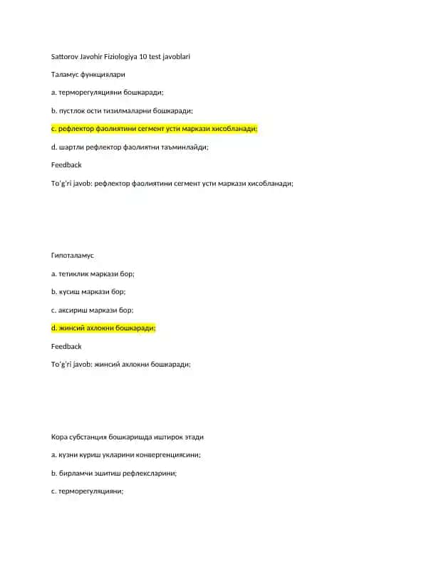 Sattorov Javohir Fiziologiya 10 test javoblari