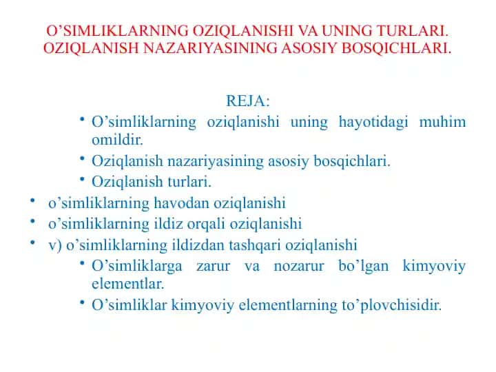 O'Simliklarning Oziqlanishi va Uning Turlari