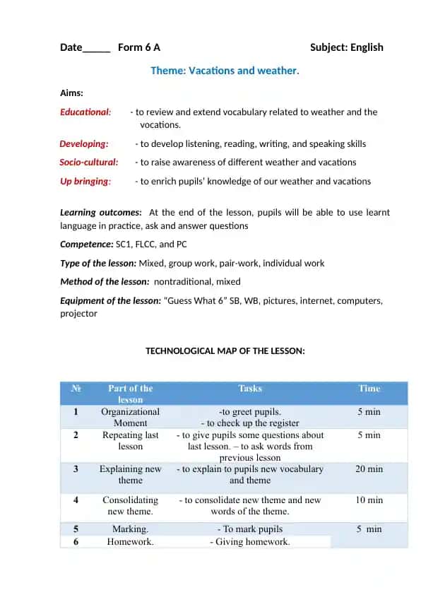 6-sinflar uchun Vacations and weather mavzusida dars ishlanma