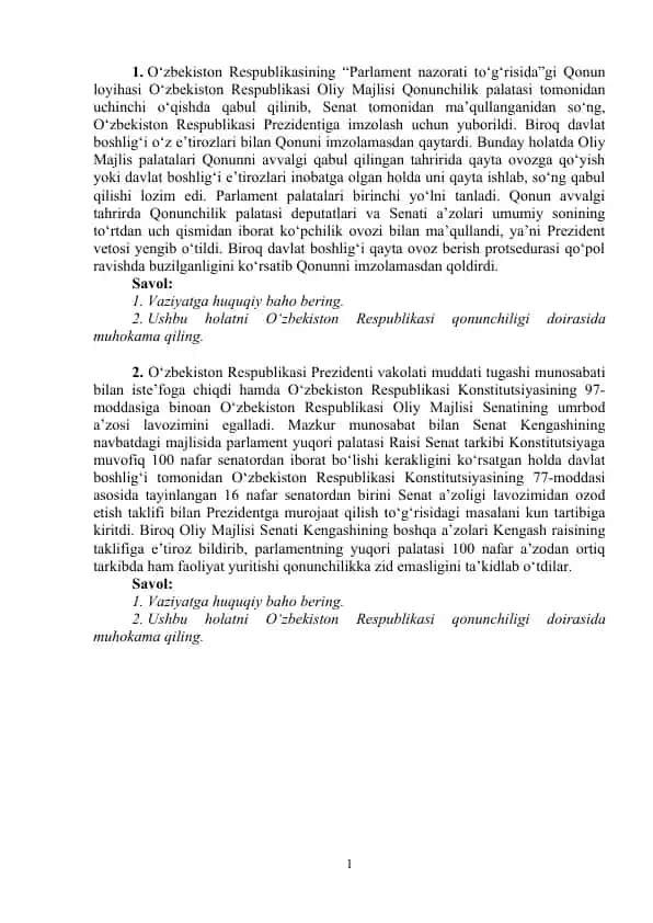 Parlament nazorati to‘g‘risida Qonun loyihasi muhokamasi