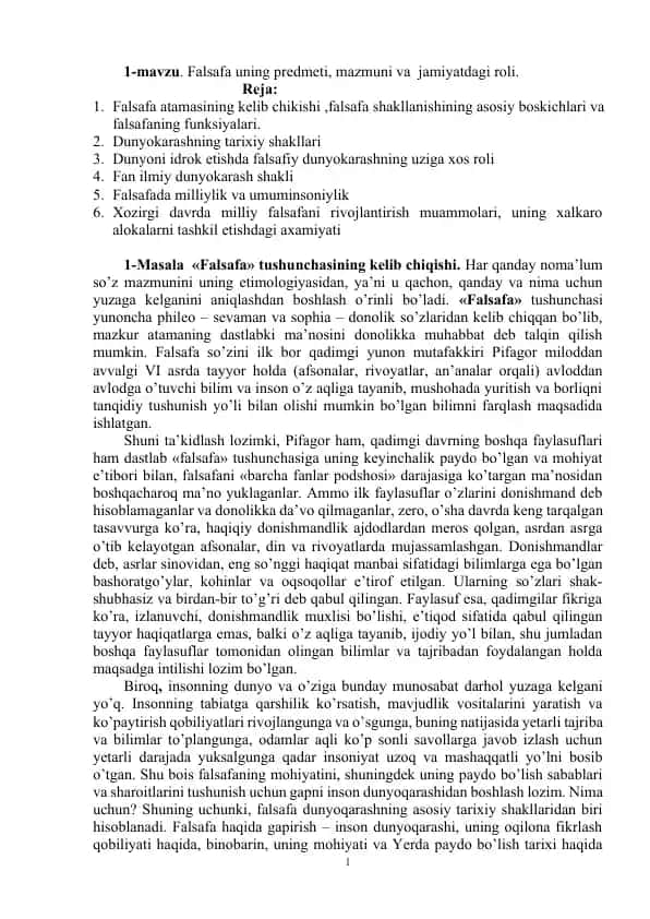 Falsafa uning predmeti, mazmuni va jamiyatdagi roli