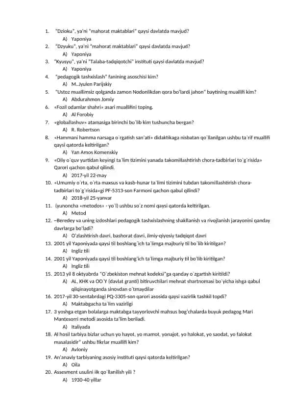 pedagogika psixalogiya savollar