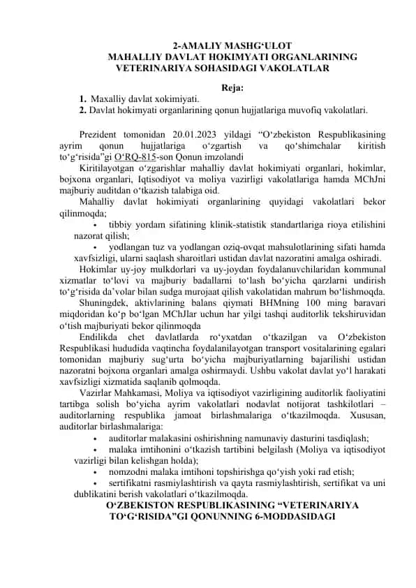 Amaliy Mashg'ulotning Mahalliy Davlat Hokimyati Organlarining Veterinariya Sohasidagi Vakolatlari
