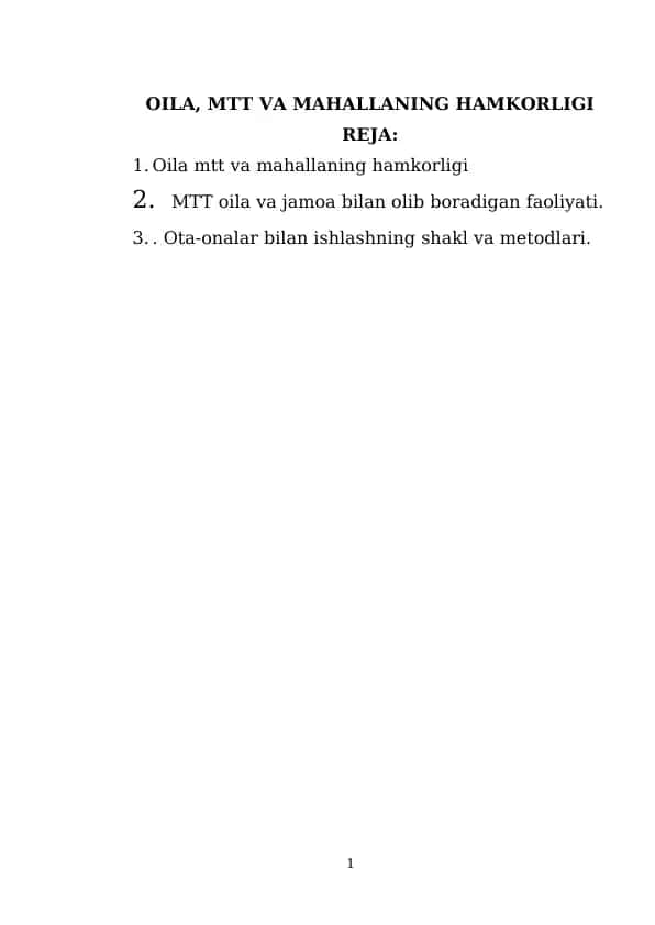OILA, MTT VA MAHALLANING HAMKORLIGI