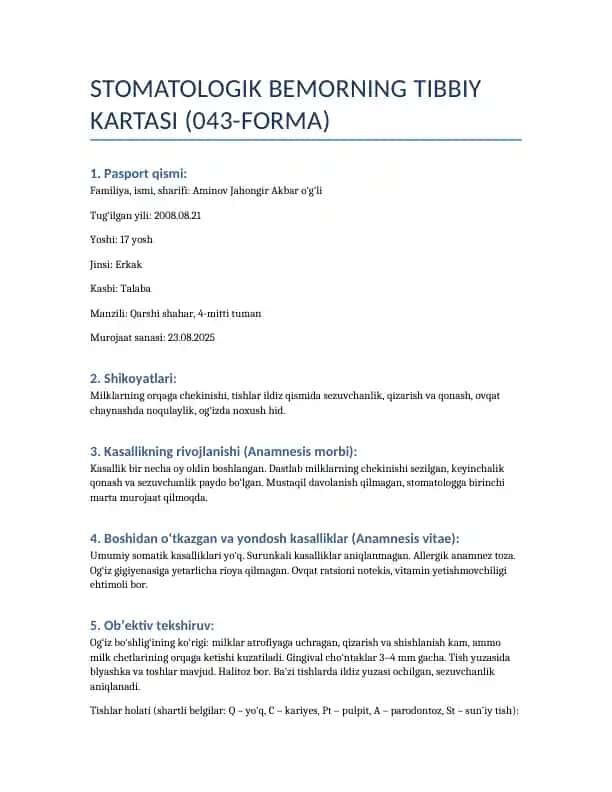 STOMATOLOGIK BEMORNING TIBBIY KARTASI (043-FORMA)