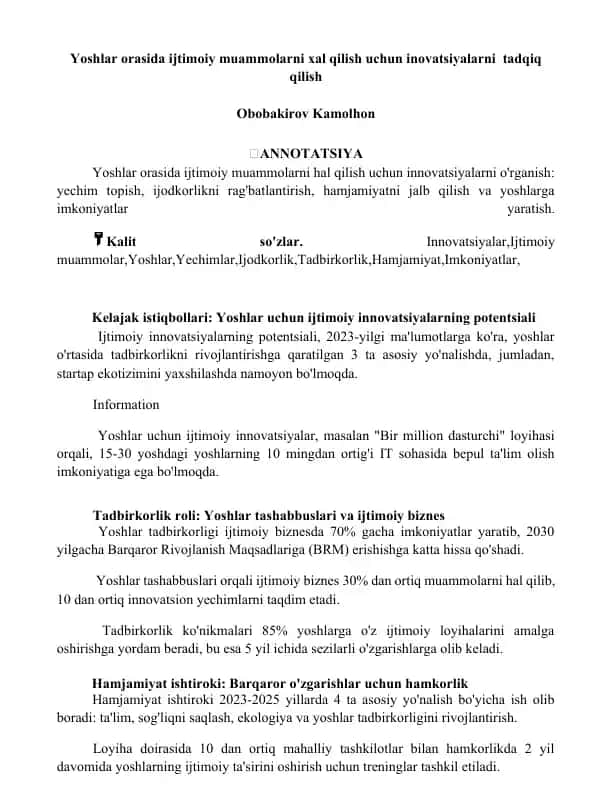 Yoshlar orasida ijtimoiy muammolarni xal qilish uchun inovatsiyalarni tadqiq qilish