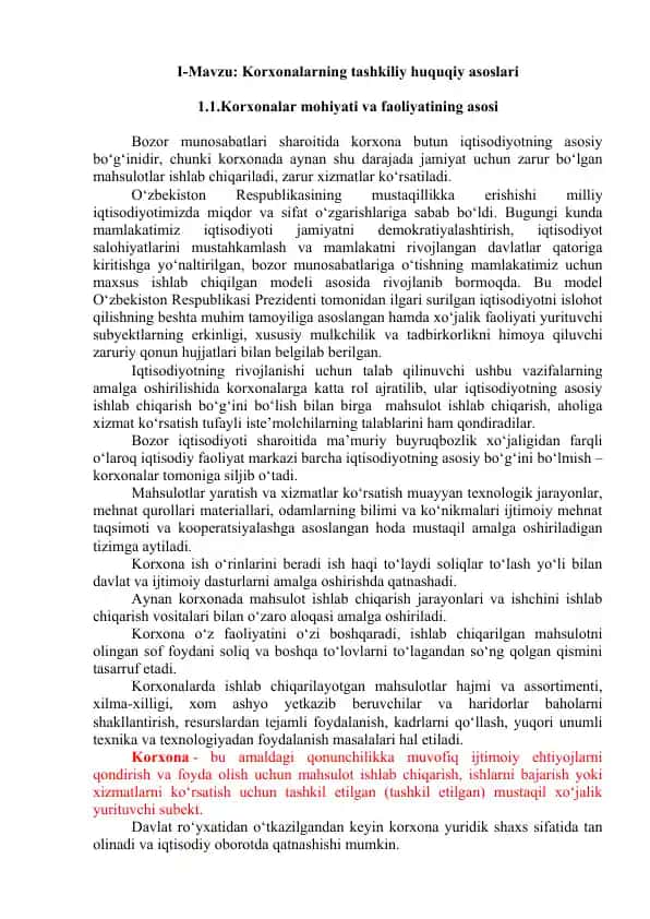 Korxonalarning tashkiliy huquqiy asoslari