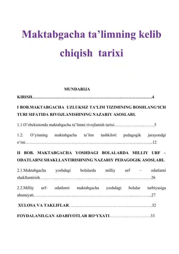 Maktabgacha ta’limning kelib chiqish tarixi