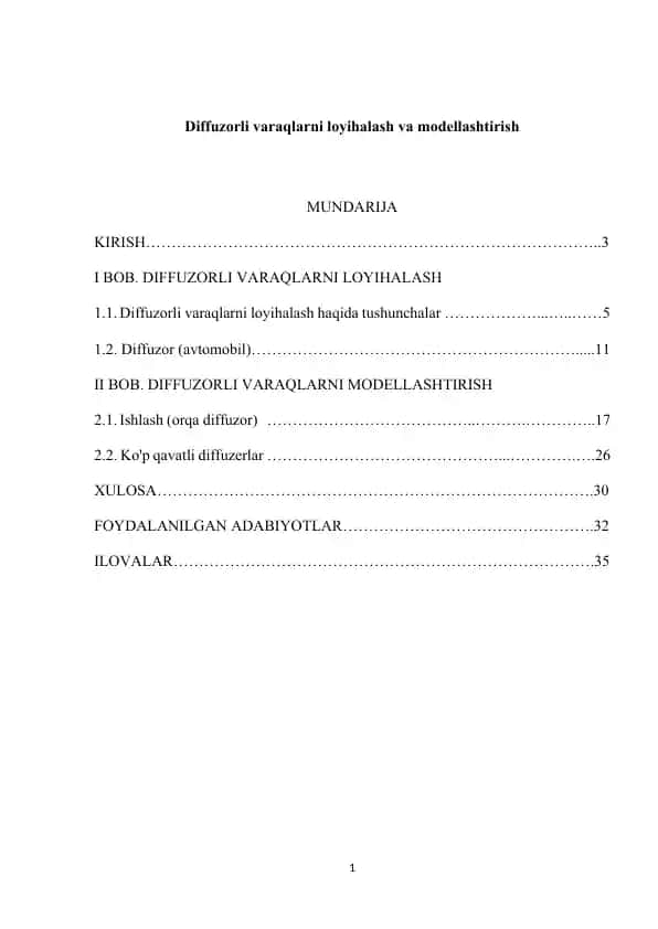 Diffuzorli varaqlarni loyihalash va modellashtirish