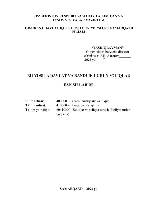 Fan Sillabusi "Bilvosita davlat va bandlik uchun soliqlar"