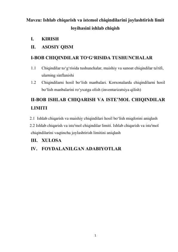 Ishlab chiqarish va istemol chiqindilarini joylashtirish limit loyihasi