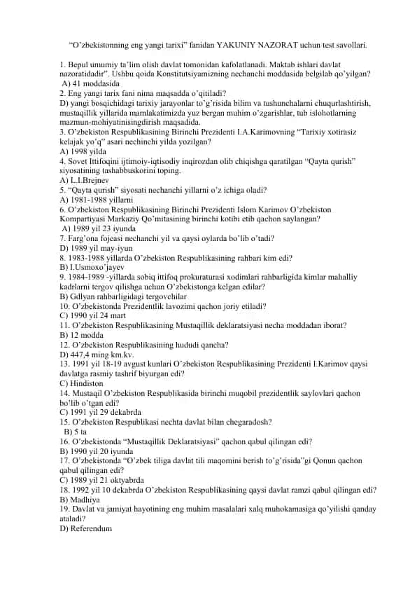 O’zbekistonning eng yangi tarixi uchun YAKUNIY NAZORAT test savollari