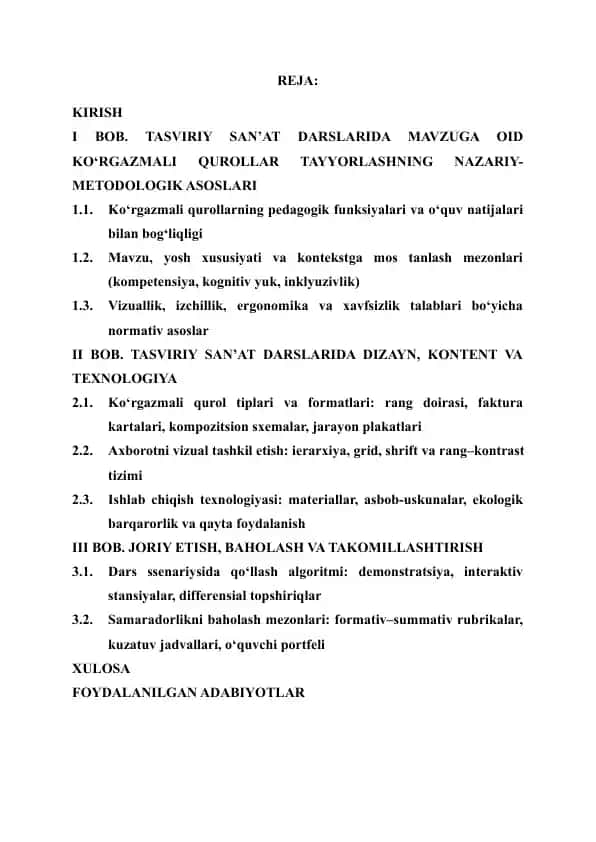 Tasviriy san’at darslarida mavzuga oid ko‘rgazmali qurollar tayyorlashning nazariy-metodologik asoslari
