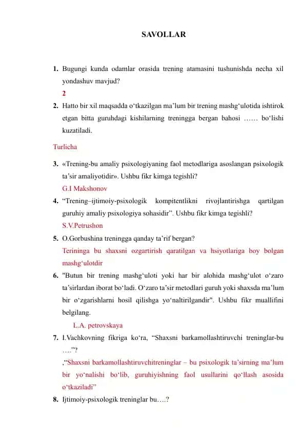 Trening bo‘yicha savollar va metodlar to‘plami
