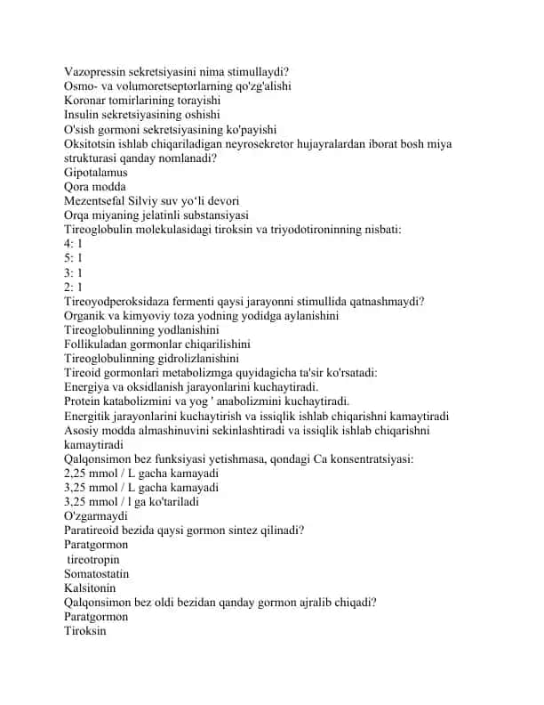 Endokrinologiya fanidan test savollari