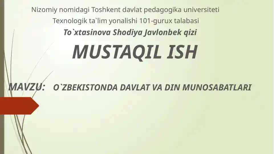 O`ZBEKISTONDA DAVLAT VA DIN MUNOSABATLARI