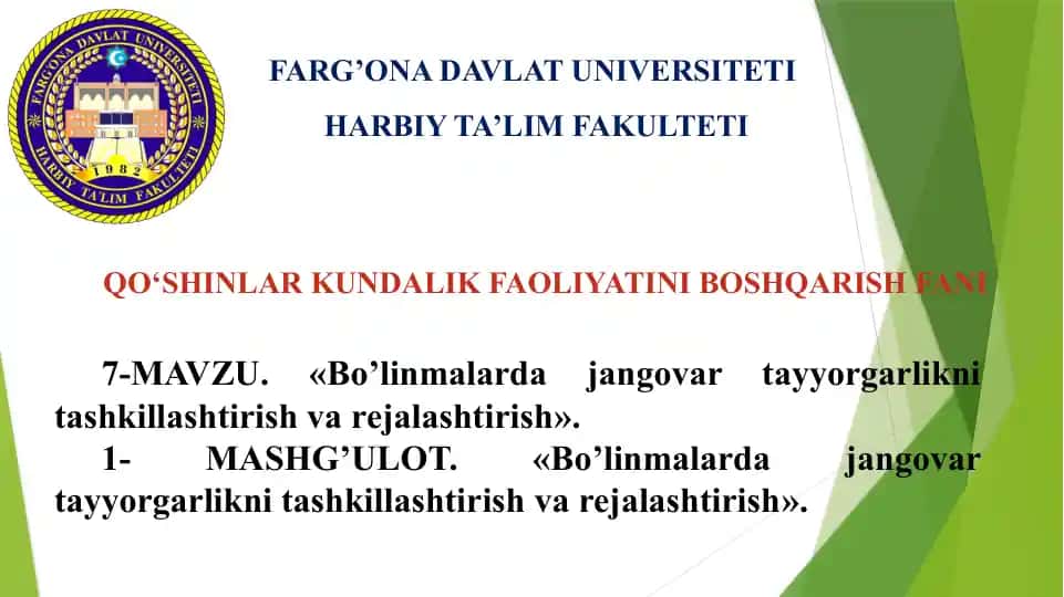 Bo’linmalarda jangovar tayyorgarlikni tashkillashtirish va rejalashtirish